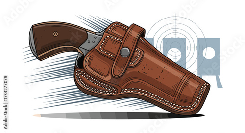 A classic revolver with a leather holster on a shooting range with targets.