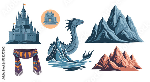 A collection of fantasy landscape and mythical creature elements for game design.