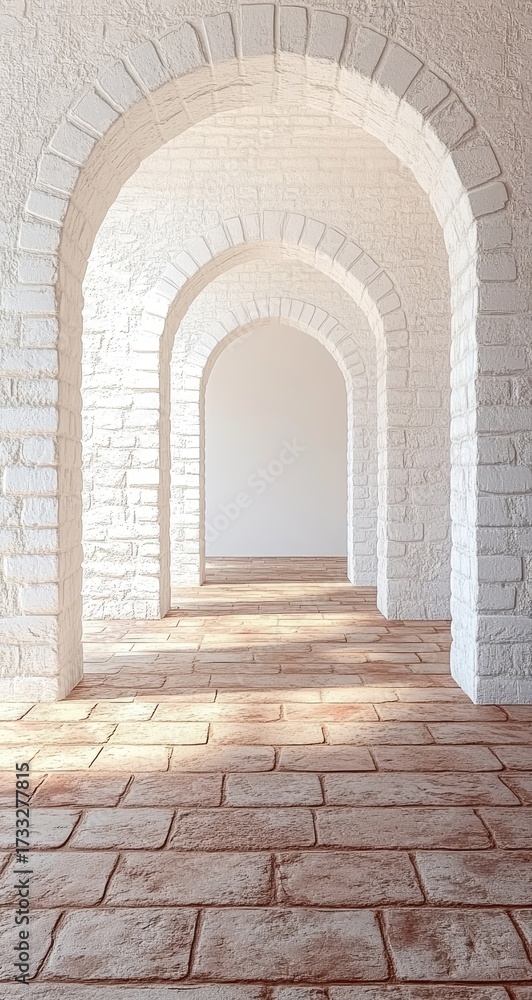 Naklejka premium Arched, bricked hallway; sunlit floor, white walls/arches