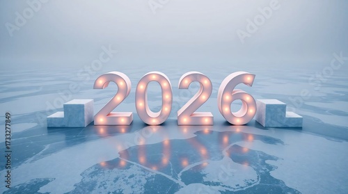 Wallpaper Mural Happy New Year 2026 yellowy sopt text on frozen lake. Torontodigital.ca