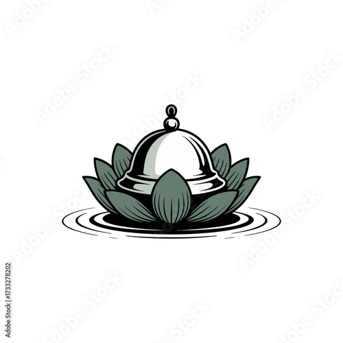 lotus platter with cloche, serene water ripple base, elegant dining spa fusion, tranquil culinary identity, premium vector