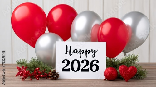 Happy 2026 greeting card with festive balloons