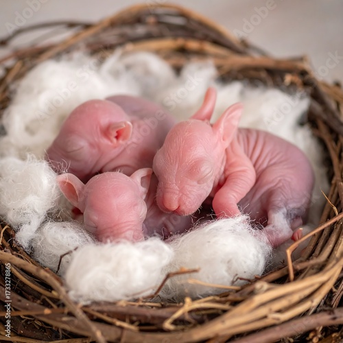Three newborn bunnies in a nest