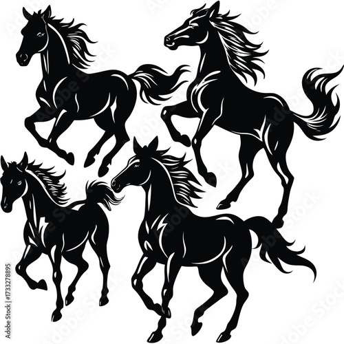 Dynamic herd of wild black horses galloping majestic animal vector illustration scalable eps isolated on white background