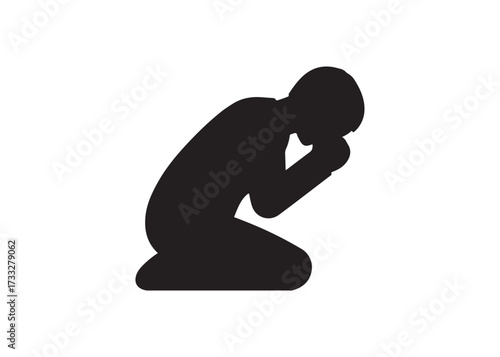Stick figure kneeling in prayer, black silhouette isolated on white background