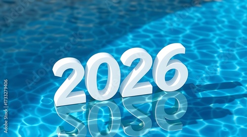 New Year 2026 text 3D rendered of a pool.
