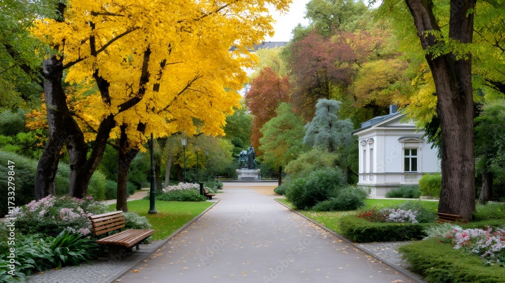 Naklejka premium Park path with autumn trees and a historical statue