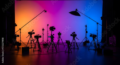 Professional video production studio with multiple cameras and lighting equipment silhouetted against a colorful backdrop.