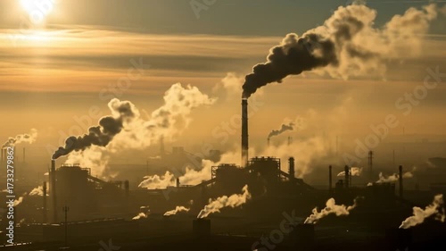 Industrial sunset chimneys release smoke