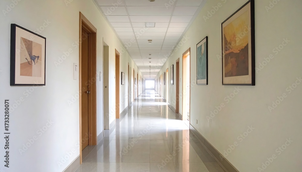Obraz premium Long Hallway with Doors and Artwork.
