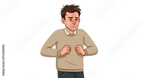 Anxious Man with Sweaty Face and Shaking Hands Expressing Fear Isolated on Transparent Background