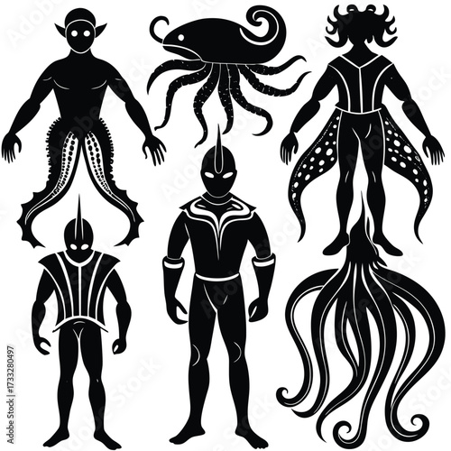 Set of mysterious mythological creatures and sci-fi characters vector illustration isolated on white background
