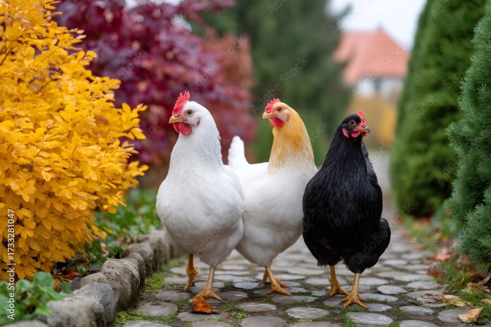 Fototapeta premium Three chickens walking on garden path in autumn
