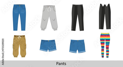 Collection of assorted pants, denim jeans, shorts, and patterned leggings for men and women