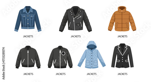 Diverse collection of fashionable outerwear illustrations, showcasing various jacket styles for men and women, perfect for apparel design, clothing lines, and seasonal fashion concepts