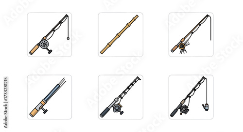 Illustrated collection of diverse fishing rods and poles, showcasing modern spinning, casting, and traditional bamboo designs. Essential angling equipment for recreational fishing and outdoor sports