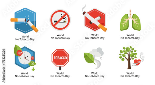 Comprehensive vector icon collection promoting a tobacco-free lifestyle, illustrating the dangers of smoking, benefits of quitting, and emphasizing public health awareness campaigns
