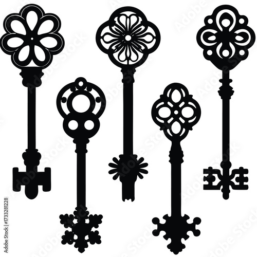 Antique skeleton keys ornate vintage decorative lock opener set vector illustration isolated on white background