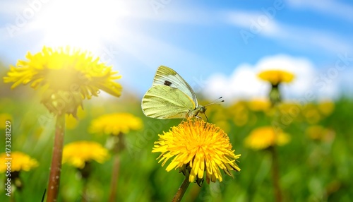 Fototapeta Naklejka Na Ścianę i Meble -  Butterfly on dandelion in a sunny meadow