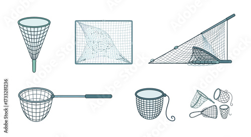 Illustrations of essential fishing nets and aquaculture equipment, including conical, rectangular, and scoop designs, used for catching various aquatic creatures