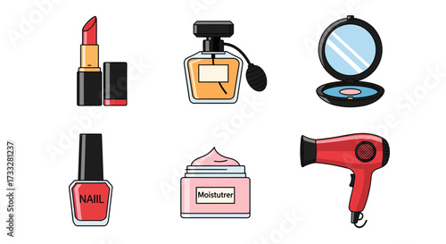 Illustrated collection of essential beauty and personal care items for daily routines. Features makeup, skincare, fragrance, a mirror, and a hairdryer
