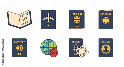 Comprehensive vector collection of international passport and travel icons, depicting global identification, official documentation, border control, and journey essentials for worldwide mobility