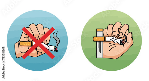 Vector illustrations promoting smoking cessation and a healthy lifestyle, featuring graphic representations of hands stopping and crushing cigarettes as symbols of quitting tobacco use and addiction