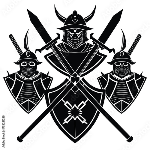 Medieval warrior emblem with crossed swords and shield vector illustration isolated on white background