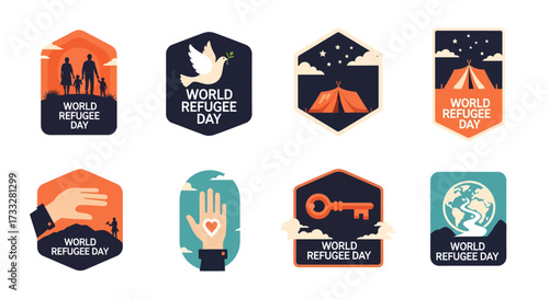 World Refugee Day vector icon set. Emblems showcase global solidarity, humanitarian support, hope, shelter, and community for displaced individuals worldwide