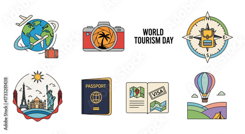 Colorful vector collection of travel and tourism icons, showcasing global landmarks, airplane, passport, camera, and hot air balloon, perfect for vacation and adventure themes