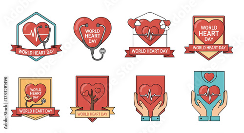 Diverse vector badge collection promoting global heart health awareness, featuring medical symbols like stethoscopes and ECG lines for health campaigns and charitable initiatives