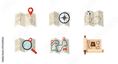 Vibrant collection of flat design navigation and travel icons, featuring maps, compass, location pins, and route paths for seamless exploration and discovery