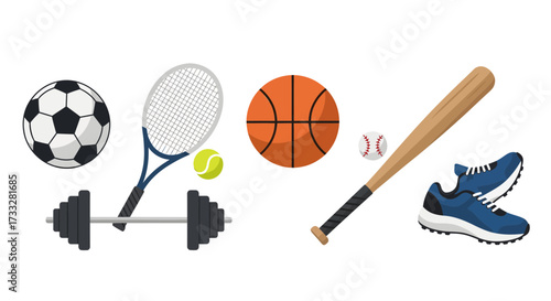 Diverse collection of essential sports and fitness equipment, showcasing gear for ball games, racket sports, weight training, and running, presented as clean vector illustrations on white