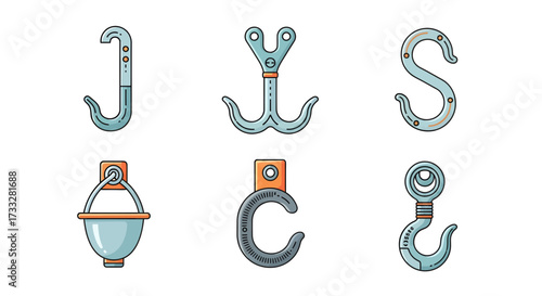 Set of various industrial lifting hooks and rigging equipment vector illustrations, showcasing different designs for heavy-duty operations and construction projects