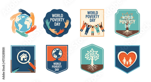 World Poverty Day Collection of Vector Badges and Icons Representing Global Issues and Support