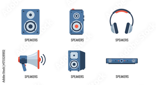 Modern vector illustration set of audio equipment, featuring loudspeakers, headphones, soundbars, and a megaphone, perfect for tech, music, and communication design projects