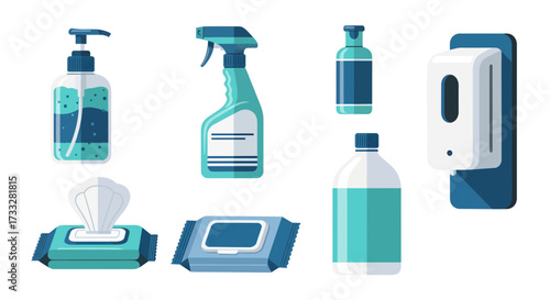 Assortment of hygiene and sanitation essentials, including hand sanitizers, disinfectant sprays, liquid refills, and cleaning wipes for effective germ protection and public health