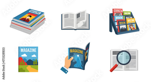 Vibrant collection of flat design icons depicting magazines, books, and reading activities, perfect for publishing, education, and information discovery concepts