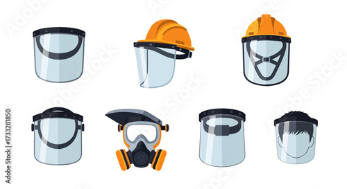 Comprehensive collection of diverse safety face shields and personal protective equipment for various industrial and workplace hazards, featuring hard hats, goggles, and respirators