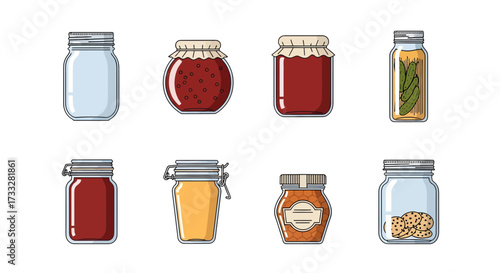 Vibrant vector illustrations of assorted glass jars containing homemade jams, honey, pickles, and cookies. Ideal for food preservation, kitchen themes, and graphic design