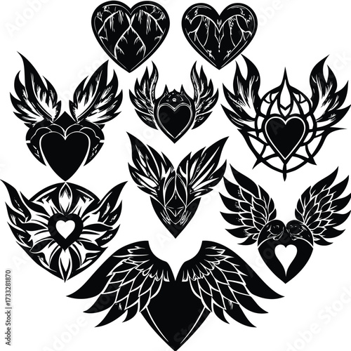Collection of angelic heart wings vector illustrations for declarative design elements isolated on white background