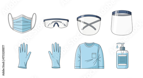 Set of personal protective equipment (PPE) vector illustrations face mask, safety glasses, face shields, protective gloves, gown, and hand sanitizer for health
