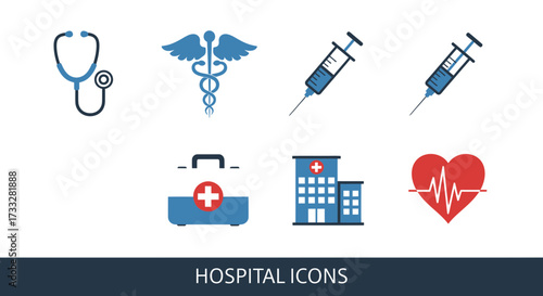 Collection of medical and hospital related icons featuring stethoscope, caduceus, syringe, first aid kit, building, and heart rhythm
