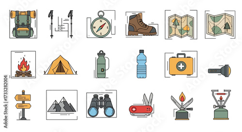 Camping and Hiking Equipment Icons.