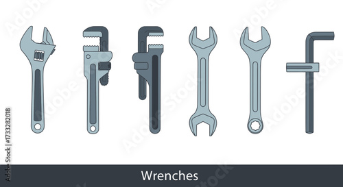 A comprehensive collection of various essential hand tools, featuring an array of adjustable and fixed wrenches, perfect for mechanical, plumbing, and DIY projects