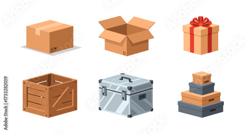 Assorted Box Collection Versatile Packaging Solutions Featuring Cardboard Shipping Boxes, Decorative Gift Presents, Durable Wooden Crates, and Secure Metal Storage Cases