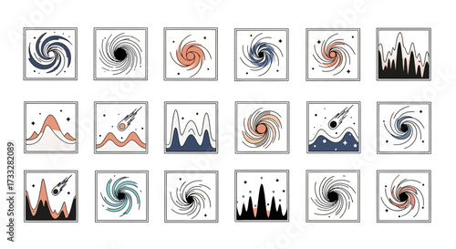 Collection of Abstract Cosmic and Celestial Illustrations with Swirling Galaxies and Mountainous Landscapes.