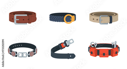 A curated flat vector collection of diverse belts, featuring classic leather, fabric, and utility designs with various buckles, perfect for fashion and apparel graphics