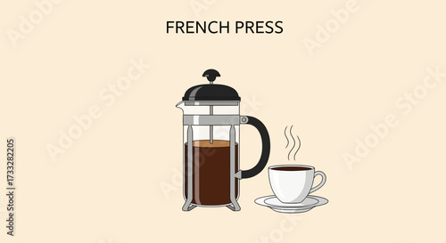 Vector illustration depicting a classic French press coffee maker filled with dark coffee, accompanied by a steaming cup on a saucer, ideal for a morning beverage