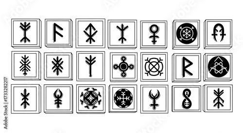 Collection of ancient mystical runes and esoteric occult symbols.